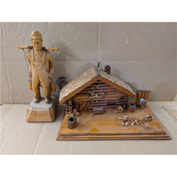 Vintage Wood Décor (Wood Cabin Clock, and Man Carrying Wood Buckets)