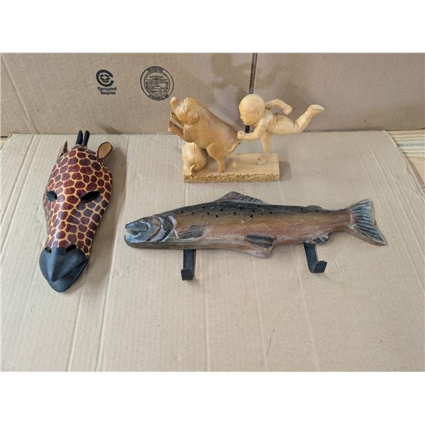 (3) Vintage Wood Décor Items (Giraffe Mask, boy and pig, and Fish Wall Coat Hook)