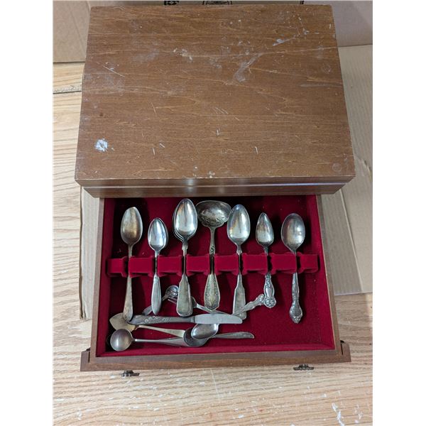 Vintage Wood Pull Out Box w/ Vintage Utensils Marked Rodgers Bros, Tundor, and etc.