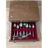 Image 1 : Vintage Wood Pull Out Box w/ Vintage Utensils Marked Rodgers Bros, Tundor, and etc.