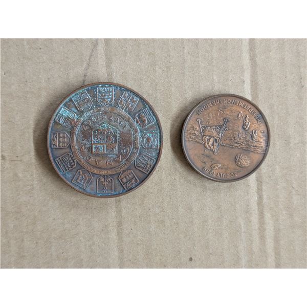 (Unverified) (2) Vintage Coins 1967 100 yrs Canada and 1969 First men on The Moon (Possible Copper) 