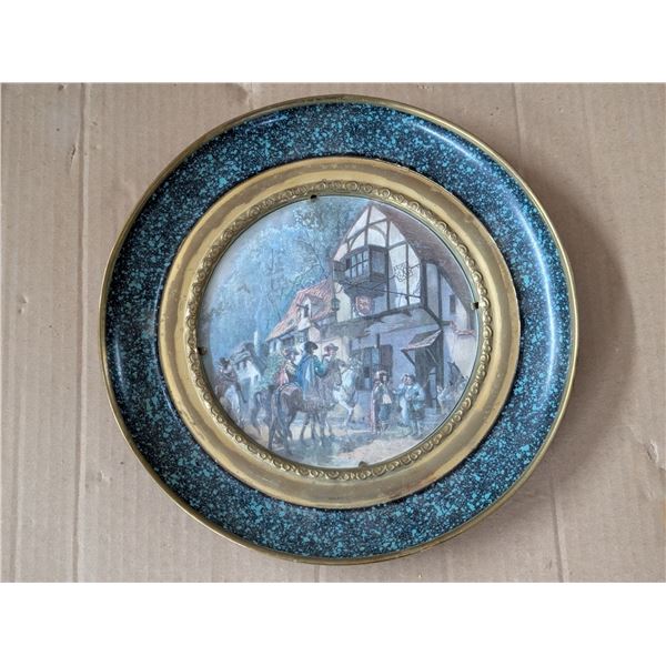 Made in England Vintage Solid Brass Round Frame w/ Art