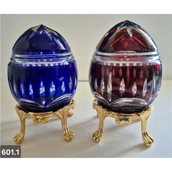 601. 2 - Cut glass crystal Bohemian eggs, 24k gold plated stand, 4 3/4 in. tall