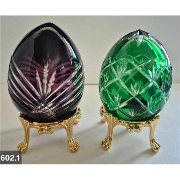 602. 2 - Cut glass crystal Bohemian eggs, 24k gold plated stand, 4 3/4 in. tall