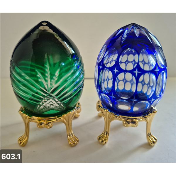 603. 2 - Cut glass crystal Bohemian eggs, 24k gold plated stand, 4 3/4 in. tall
