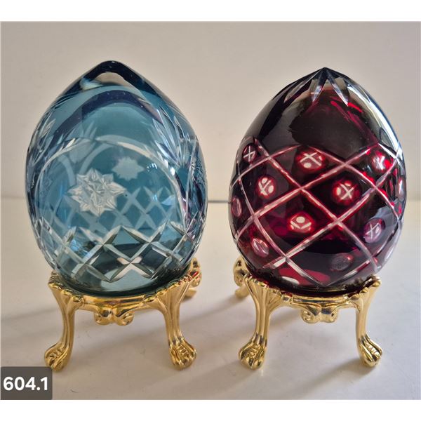 604. 2 - Cut glass crystal Bohemian eggs, 24k gold plated stand, 4 3/4 in. tall