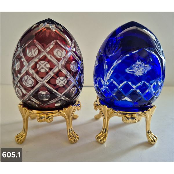 605. 2 - Cut glass crystal Bohemian eggs, 24k gold plated stand, 4 3/4 in. tall