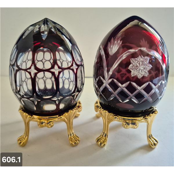 606. 2 - Cut glass crystal Bohemian eggs, 24k gold plated stand, 4 3/4 in. tall
