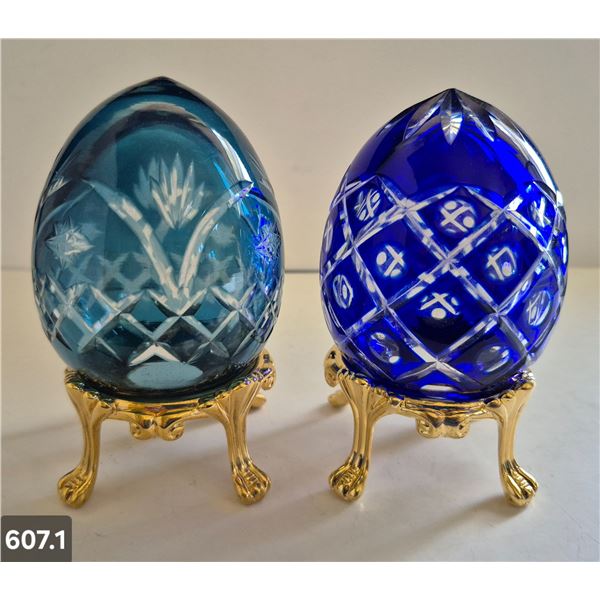 607. 2 - Cut glass crystal Bohemian eggs, 24k gold plated stand, 4 3/4 in. tall