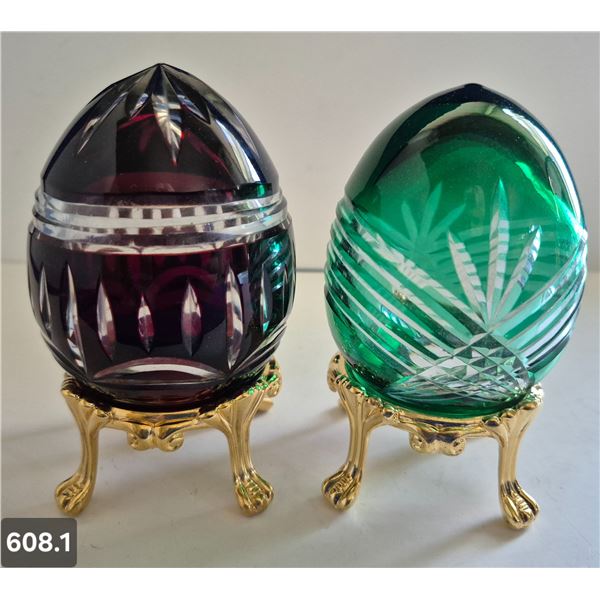 608. 2 - Cut glass crystal Bohemian eggs, 24k gold plated stand, 4 3/4 in. tall