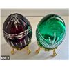 Image 2 : 608. 2 - Cut glass crystal Bohemian eggs, 24k gold plated stand, 4 3/4 in. tall