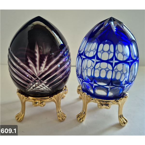 609. 2 - Cut glass crystal Bohemian eggs, 24k gold plated stand, 4 3/4 in. tall