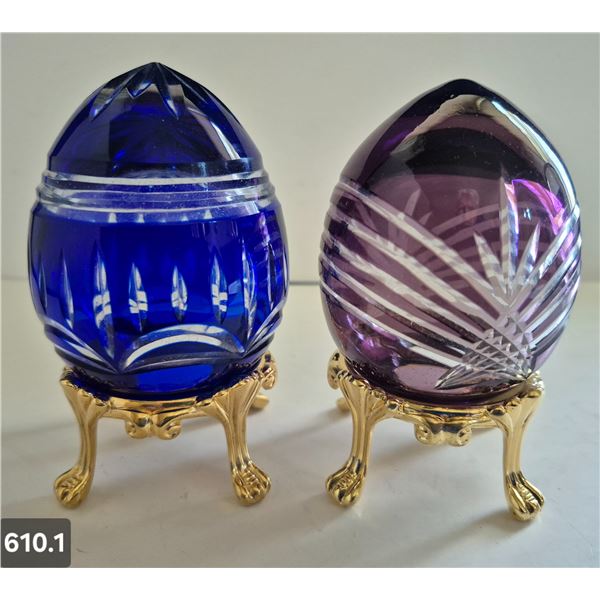 610. 2 - Cut glass crystal Bohemian eggs, 24k gold plated stand, 4 3/4 in. tall