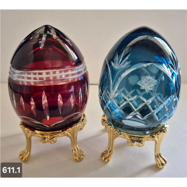 611. 2 - Cut glass crystal Bohemian eggs, 24k gold plated stand, 4 3/4 in. tall