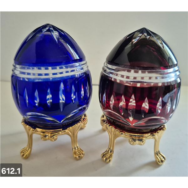 612. 2 - Cut glass crystal Bohemian eggs, 24k gold plated stand, 4 3/4 in. tall