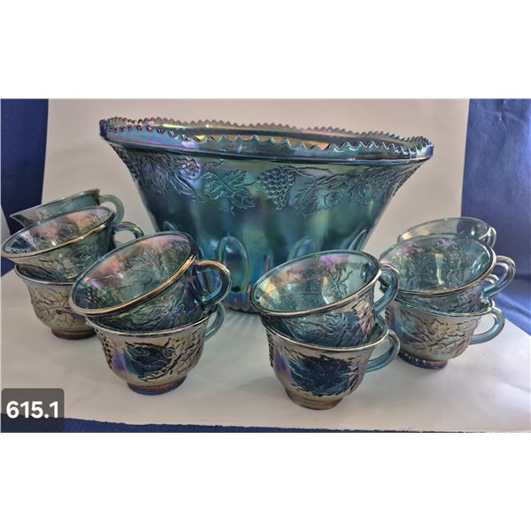 615. Large Indiana Glass carnival punch bowl set with 12 cups - no damage