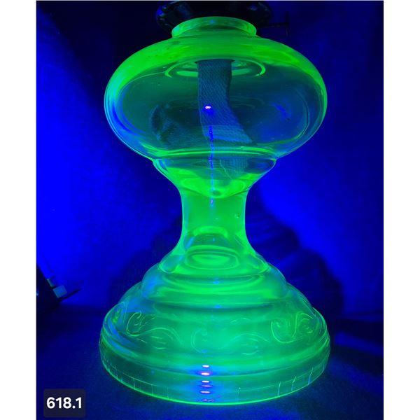618. Uranium glass green depression glass oil lamp - perfect condition, really glows!