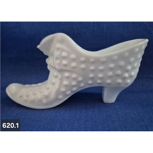 620. Fenton signed milk glass hobnail glass shoe - no damage