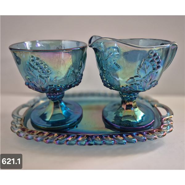 621. Indiana Glass creamer, sugar, & tray carnival glass - no damage