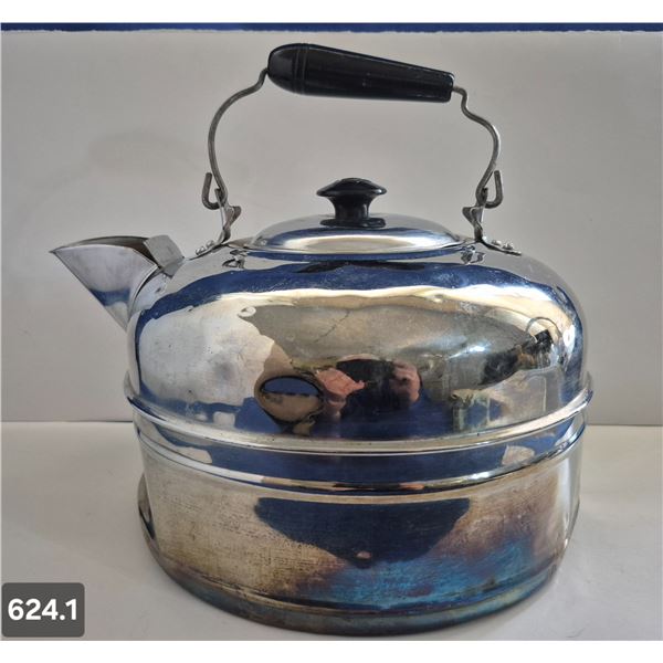 624. Antique nickel-plated copper homesteader cookstove hot water kettle - dent on 1 side