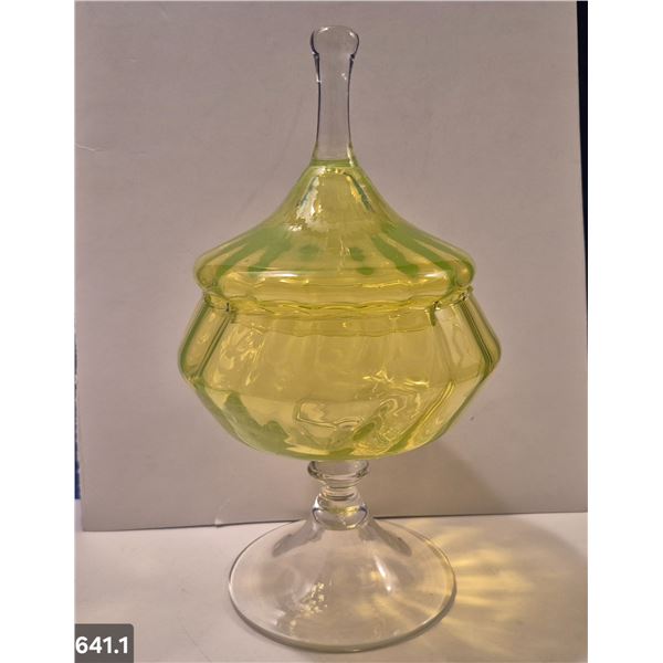 641. Vaseline glass covered compote, 10 inches tall - no damage