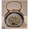 Image 1 : 643. Porcelain hand-painted miniature purse (handbag) - 22k gold trim, 3 x 3 1/2 inches tall - no da