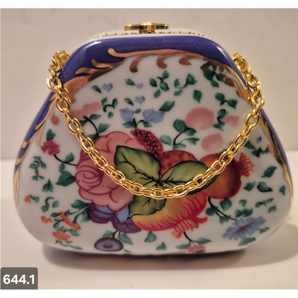 644. Porcelain hand-painted miniature purse (handbag) - 22k gold trim, 3 1/4 x 2 1/2 inches tall - n