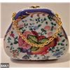Image 1 : 644. Porcelain hand-painted miniature purse (handbag) - 22k gold trim, 3 1/4 x 2 1/2 inches tall - n