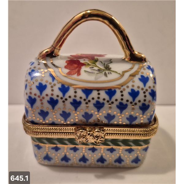 645. Porcelain hand-painted miniature purse (handbag) - 22k gold trim, 2 x 2 1/2 inches tall - no da
