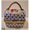 Image 1 : 645. Porcelain hand-painted miniature purse (handbag) - 22k gold trim, 2 x 2 1/2 inches tall - no da
