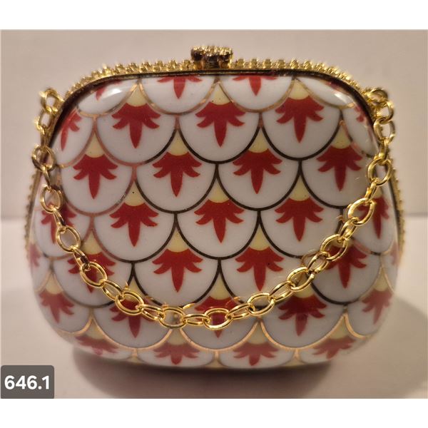 646. Porcelain hand-painted miniature purse (handbag) - 22k gold trim, 3 x 2 1/2 inches tall - no da
