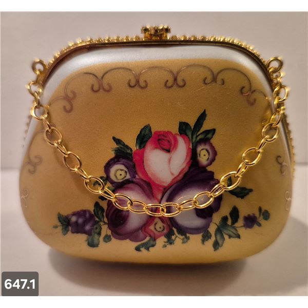 647. Porcelain hand-painted miniature purse (handbag) - 22k gold trim, 3 x 2 1/2 inches tall - no da