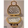 Image 3 : 648. Porcelain hand-painted miniature purse (handbag) - 22k gold trim, 3 x 3 1/4 inches tall - no da
