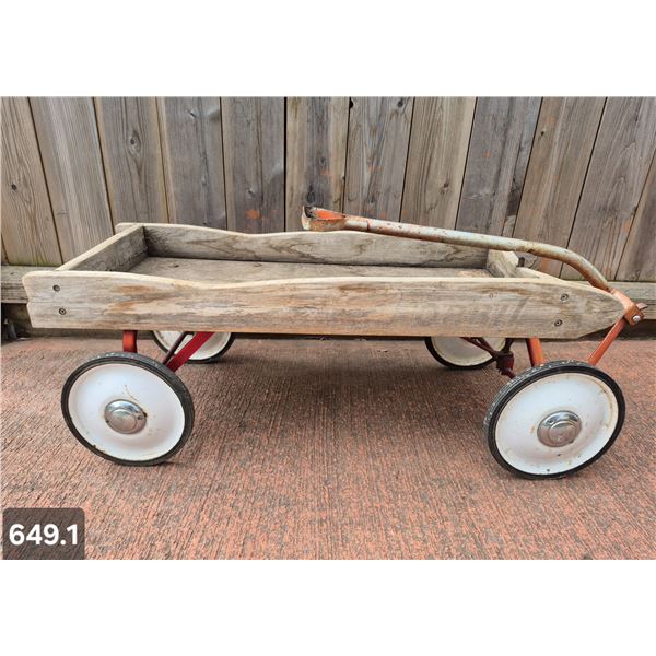 649. 1950s child's wooden and steel wagon - good and solid, wheels great, needs re-varnishing - 40 i