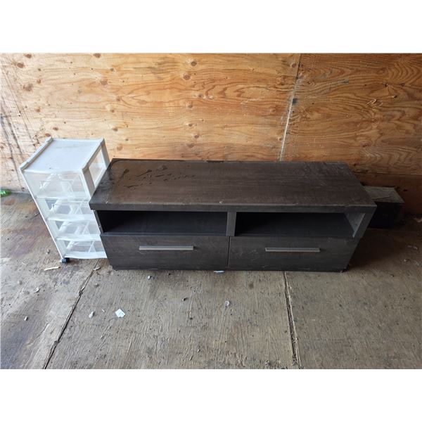 TV stand and rolling plastic cabinet- both have some damage on them - top loose on TV stand
