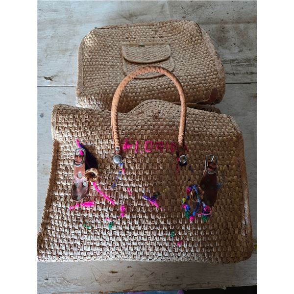 2 wicker hand bags and contents