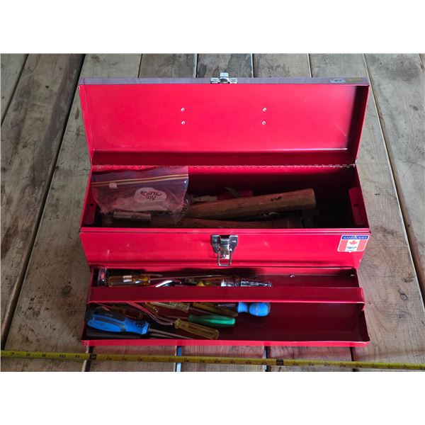 Red tool box with various tools