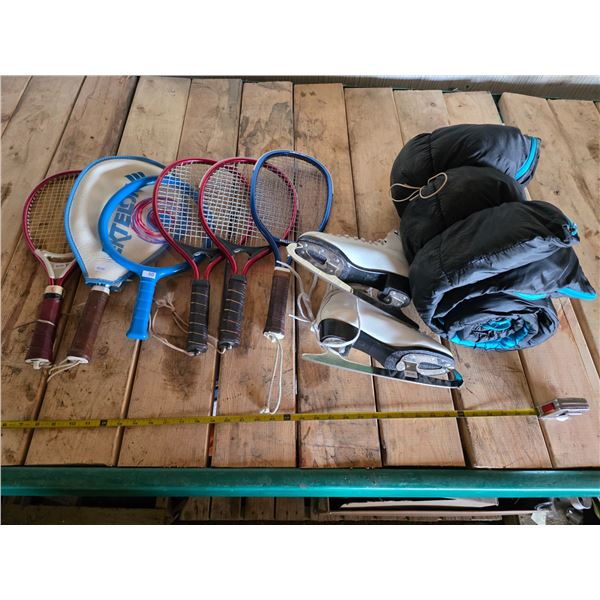 Batmitton rackets, skates, sleeping bag