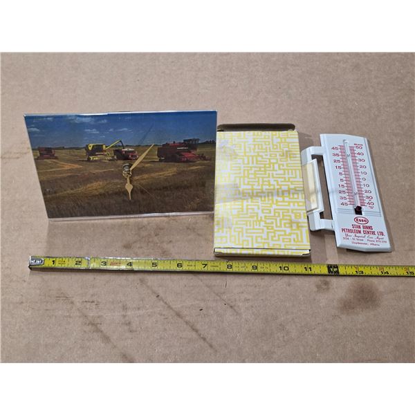 Esso thermometer and farm picture clock- needs new battery