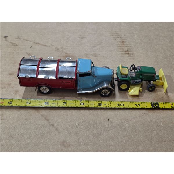 Vintage toy minic truck and john deere mower toys