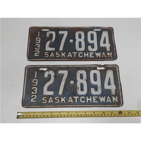 1932 Saskatchewan License Plate. (In Pair)