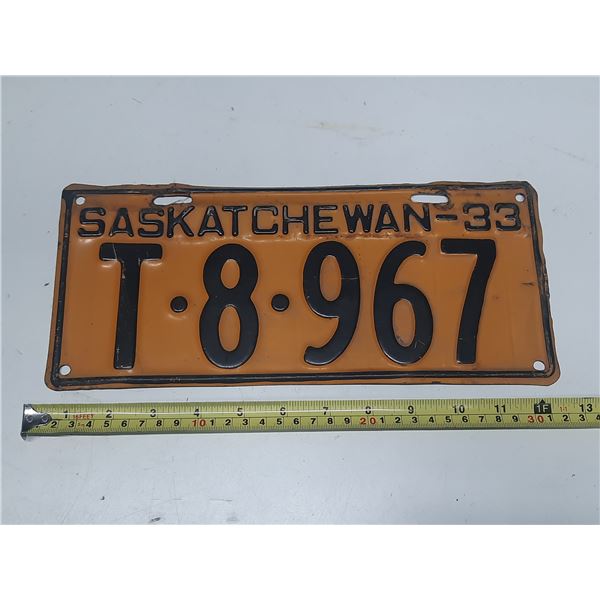 1933 Saskatchewan License Plate.