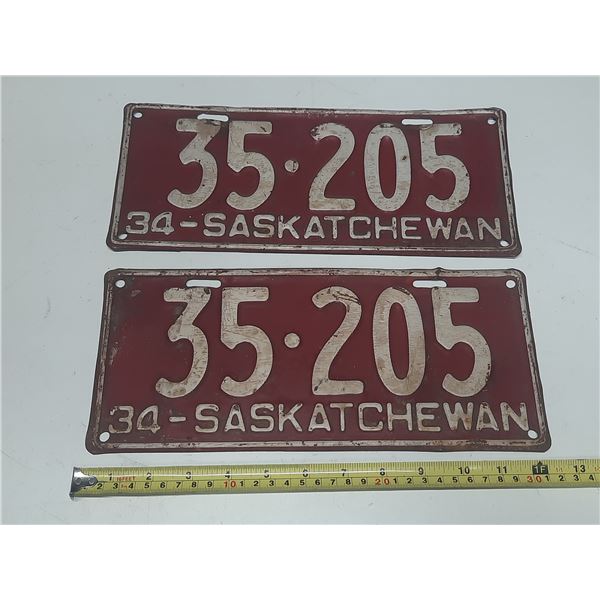 1934 Saskatchewan License Plate. (In Pair)