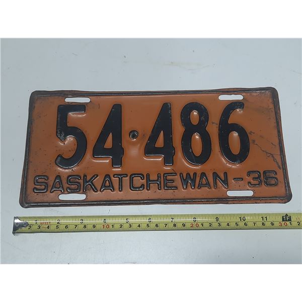 1936 Saskatchewan License Plate.