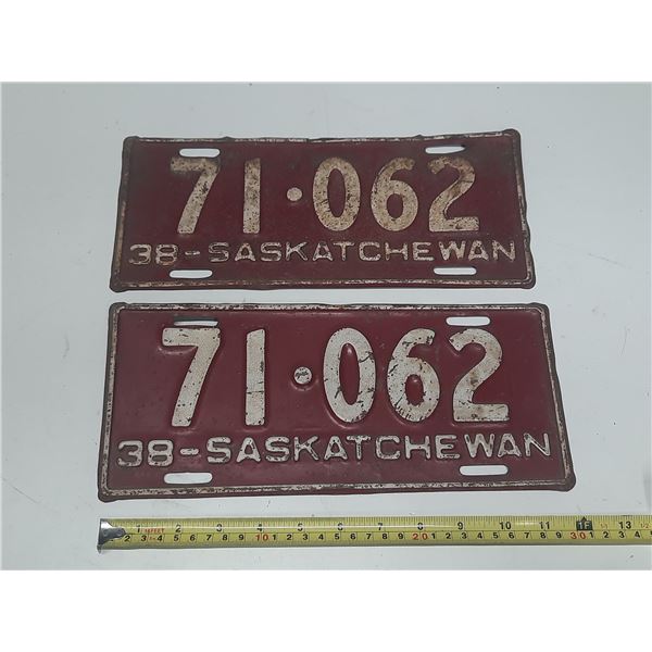 1938 Saskatchewan License Plate. (In Pair)