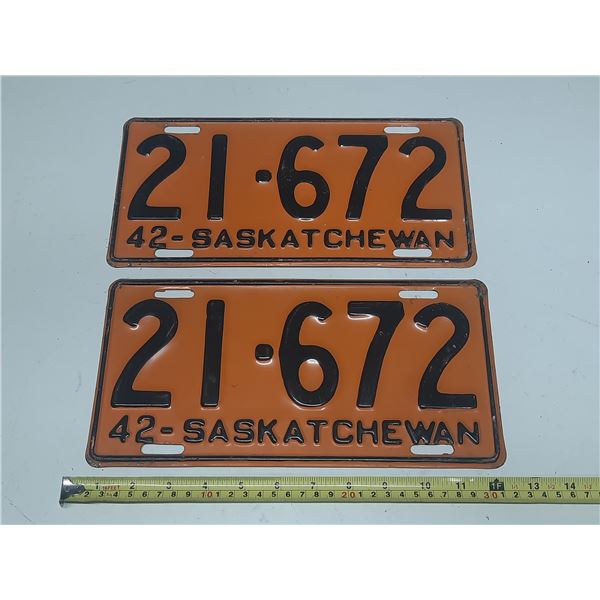 1942 Saskatchewan License Plate. (In Pair)