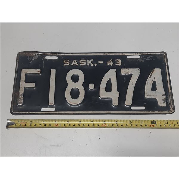 1943 Saskatchewan License Plate.