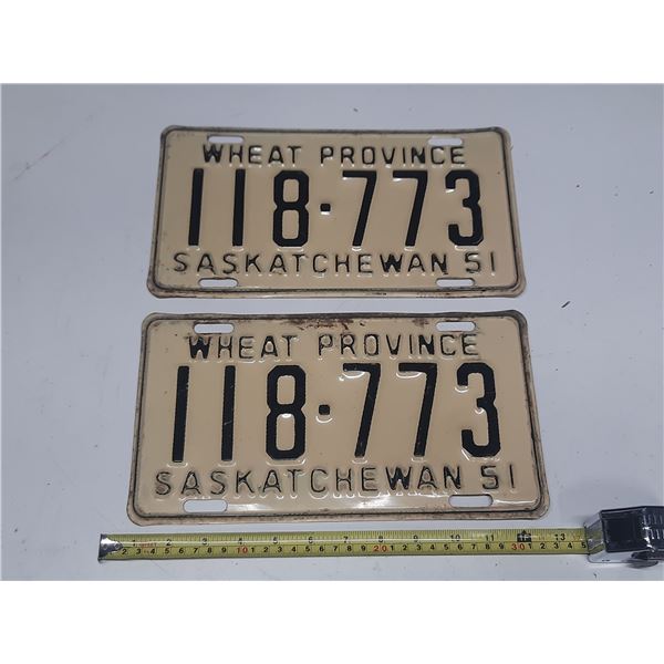 1951 Saskatchewan License Plate. (Wheat Province) (In Pair)