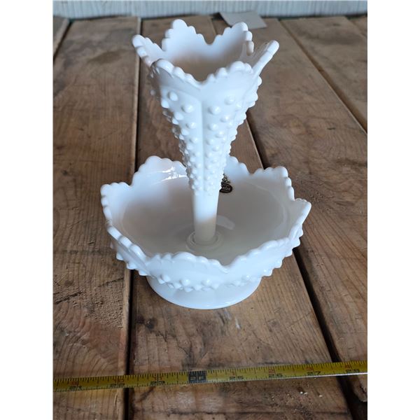 Vintage Fenton milk glass hobnail epergne- 8"H