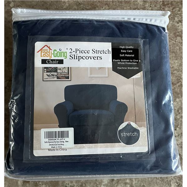 New Chair Cover in original package. Dark Blue. 2-piece stretch fabric. Never used.